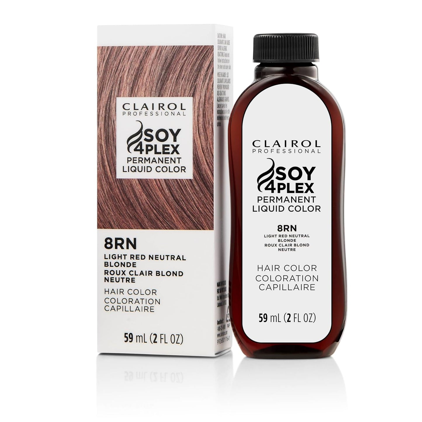 Clairol Soy 4 Plex hair color 8RN Light Red Neutral Blonde bottle and packaging on a white background