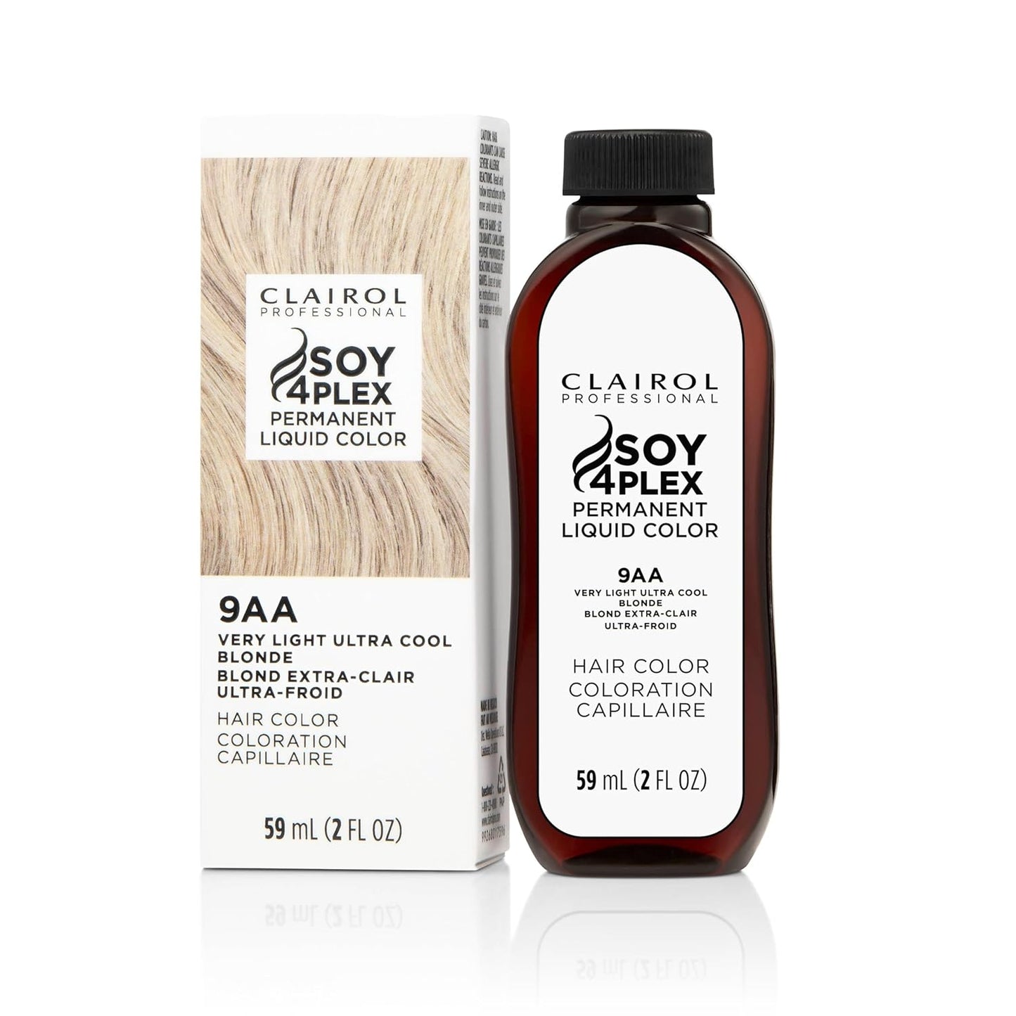 Clairol Soy 4Plex hair color 9AA Very Light Ultra Cool Blonde bottle and packaging on a white background