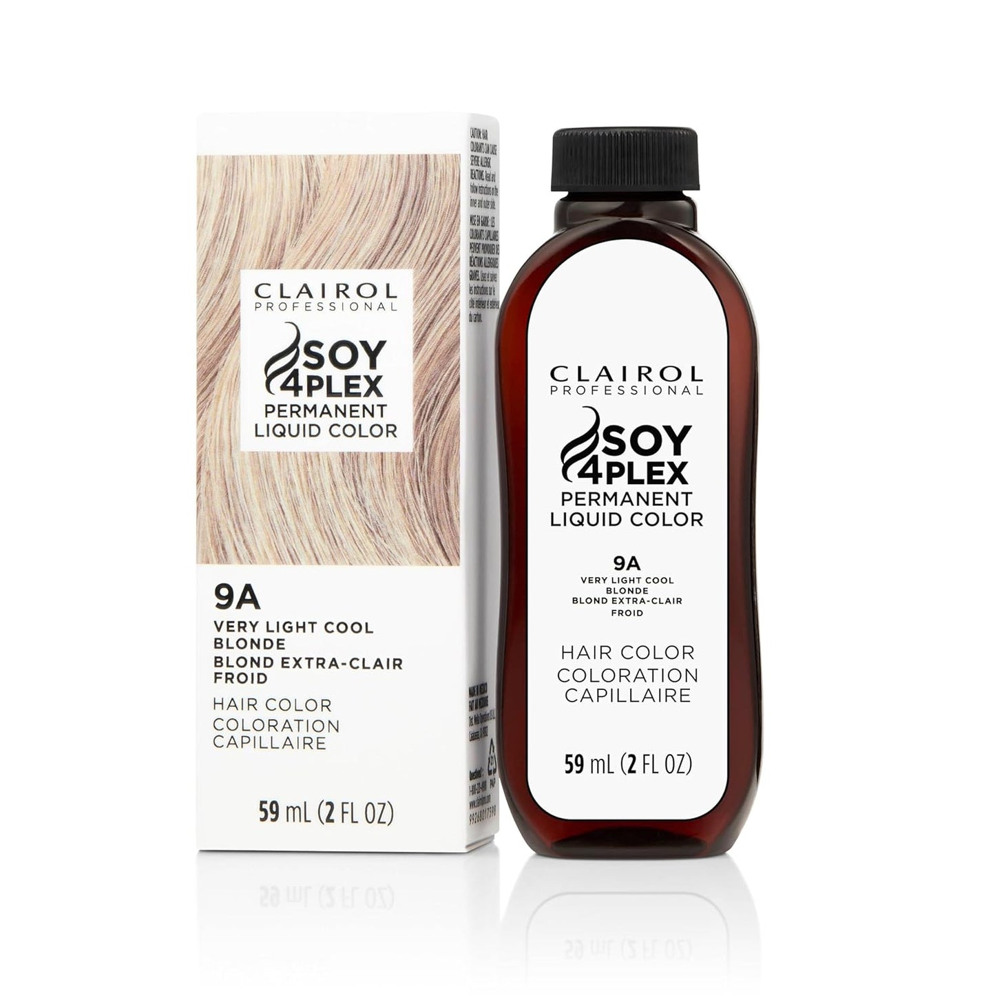 Clairol Soy 4 Plex hair color 9A Very Light Cool Blonde bottle and packaging on a white background