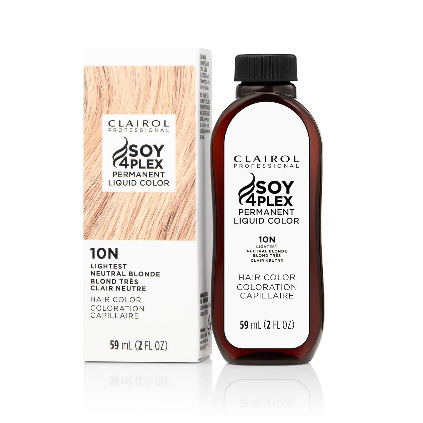 Clairol Soy 4Plex hair color 10N Lightest Neutral Blonde bottle and packaging on a white background