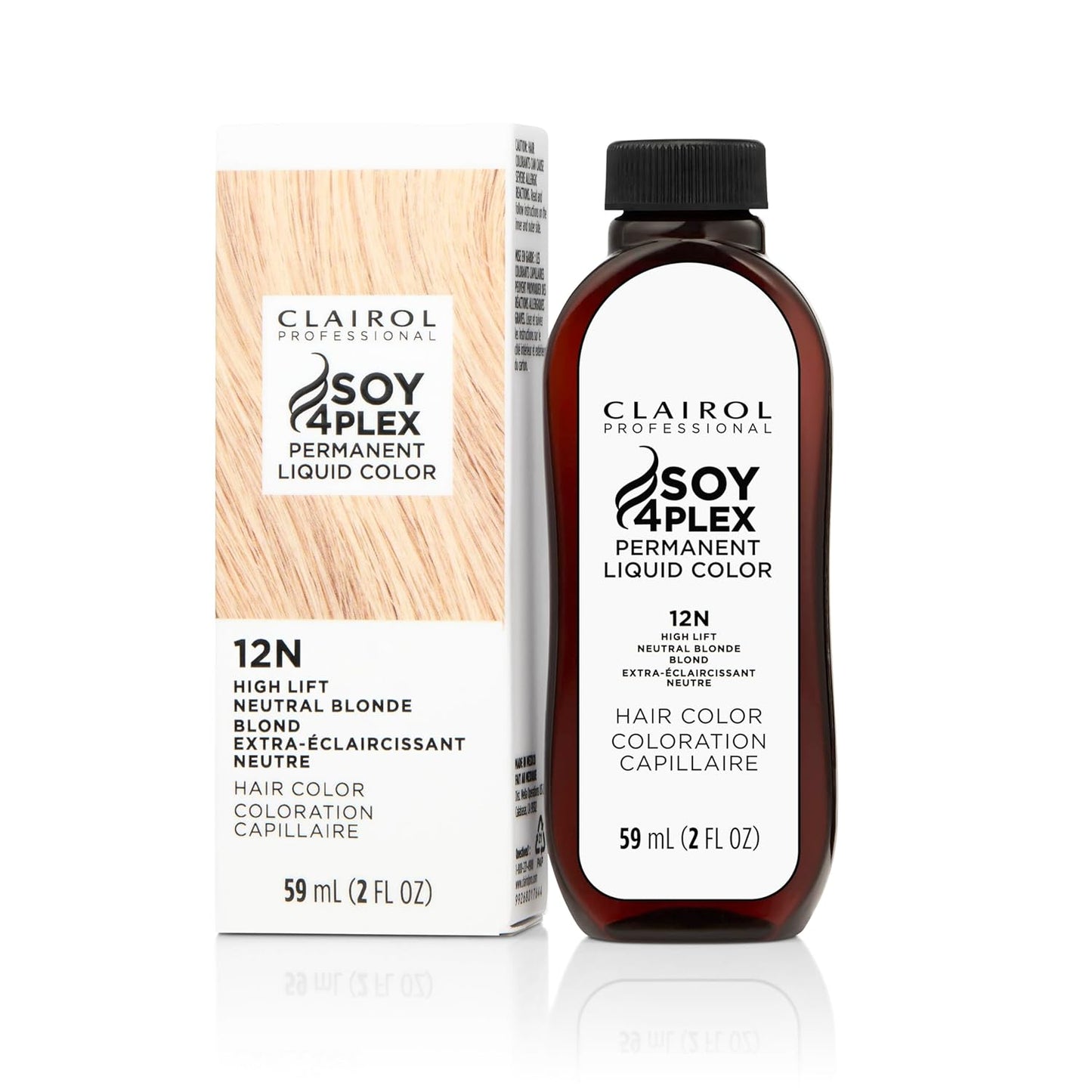Clairol Soy 4Plex hair color 12N High Lift Neutral Blonde bottle and packaging on a white background