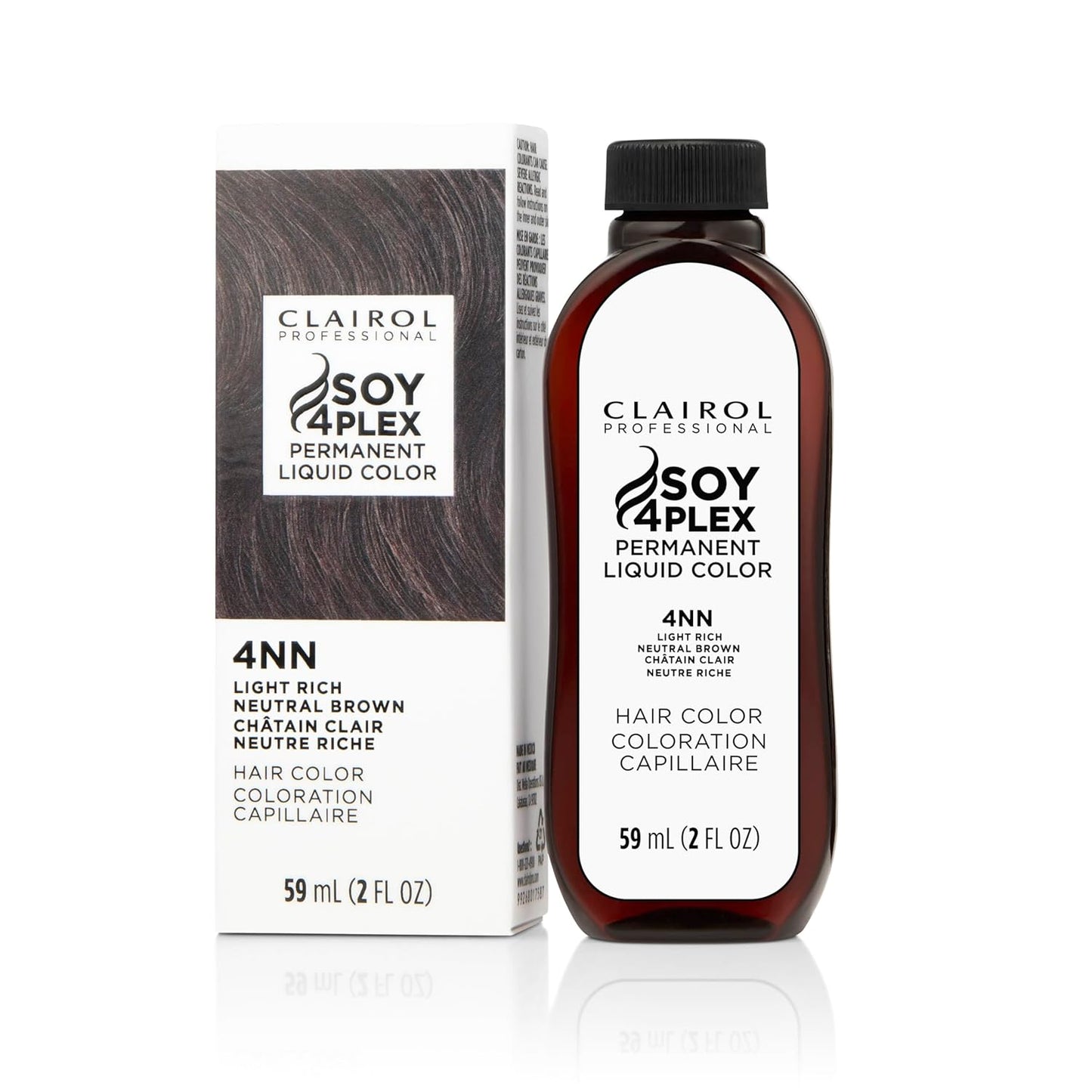 Clairol Soy4Plex hair color 4NN Light Rich Neutral Brown bottle and packaging on a white background