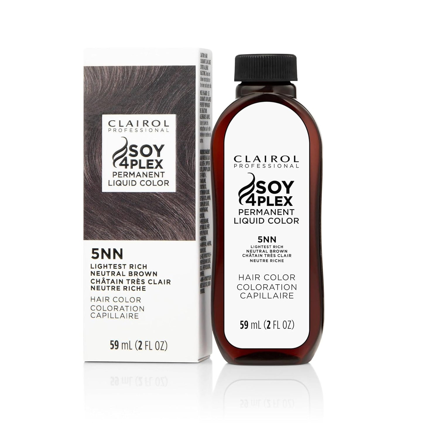Clairol Soy 4Plex hair color 5NN Lightest Rich Neutral Brown bottle and packaging on a white background