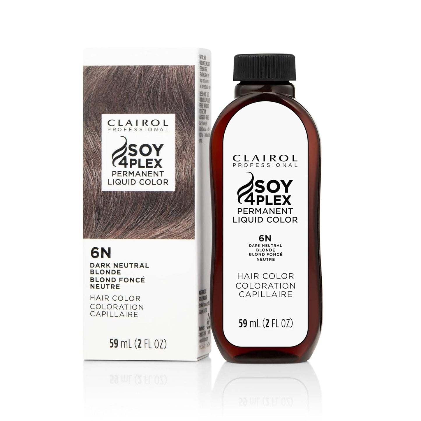Clairol Soy 4Plex hair color 6N Dark Neutral Blonde bottle and packaging on a white background