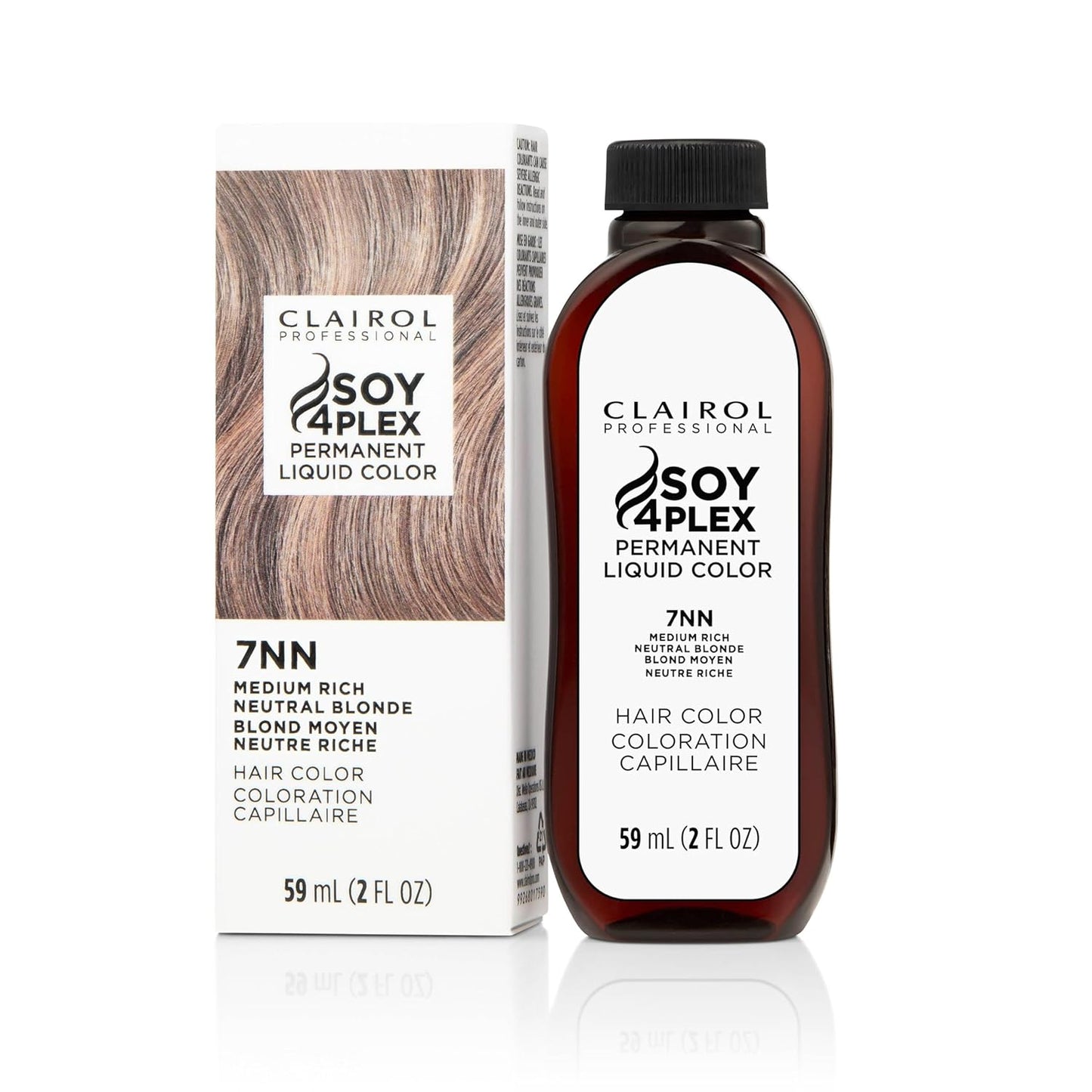 Clairol Soy 4Plex hair color 7NN Medium Rich Neutral Blonde bottle and packaging on a white background