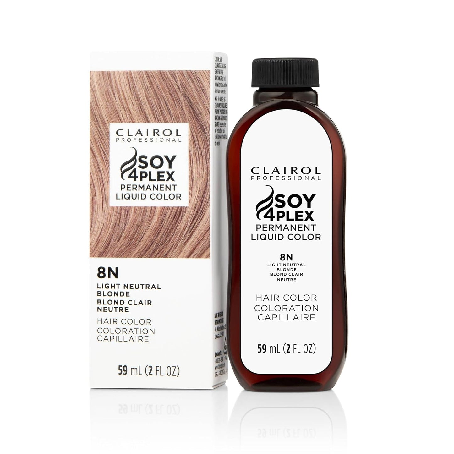 Clairol Soy 4Plex hair color 8N Light Neutral Blonde bottle and packaging on a white background