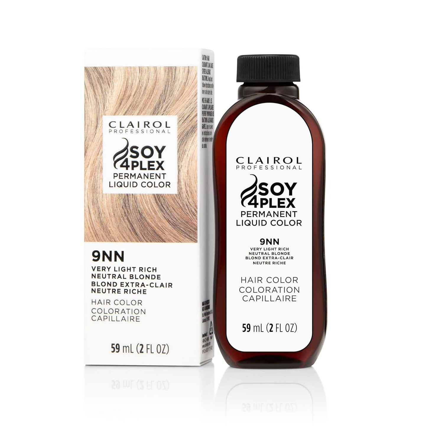Clairol Soy4Plex hair color 9NN Very Light Rich Neutral Blonde bottle and packaging on a white background