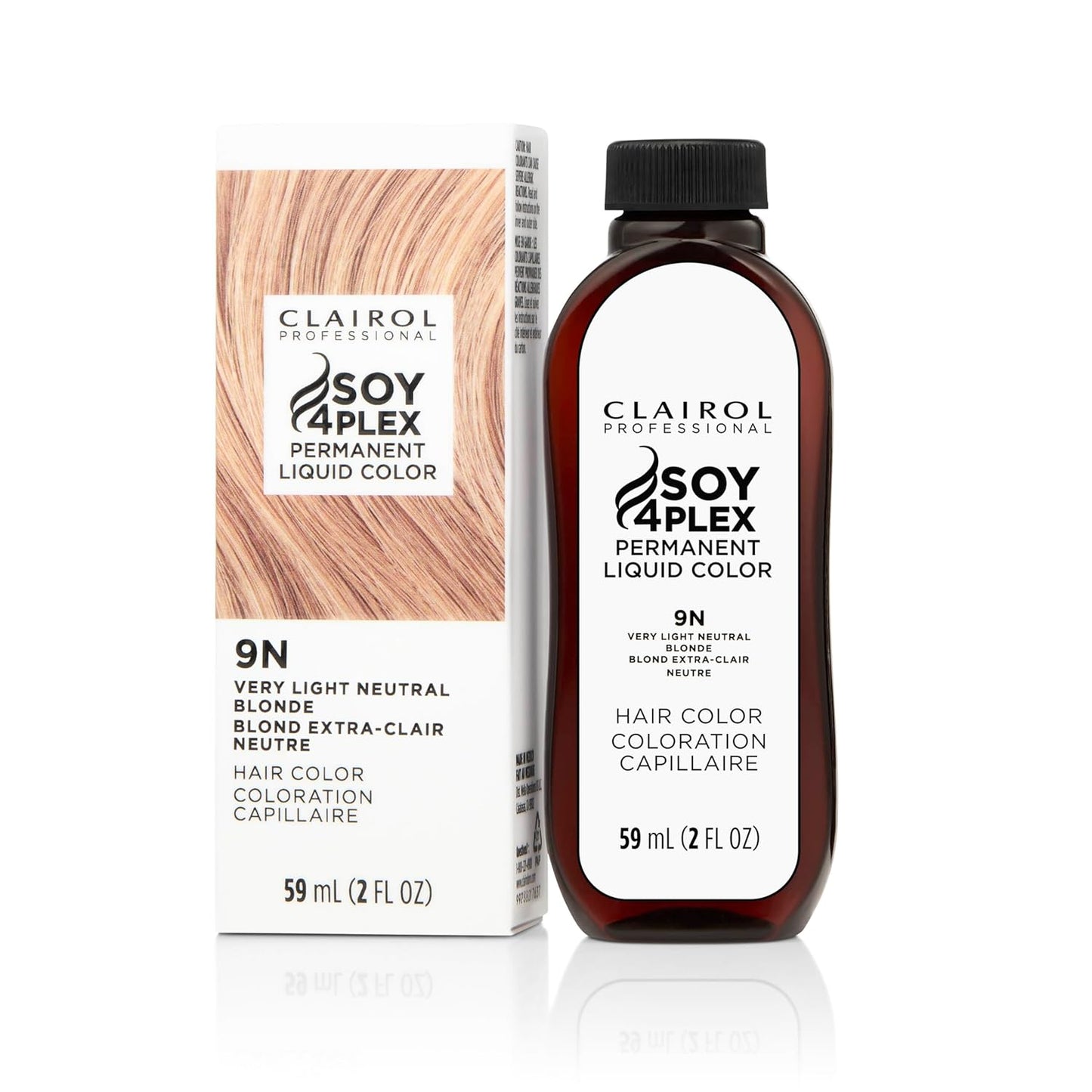 Clairol Soy4Plex hair color 9N Very Light Neutral Blonde bottle and packaging on a white background