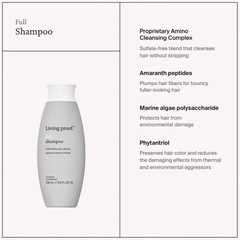 Living Proof Full Shampoo uses a proprietary amino cleansing complex, amaranth peptides, marine algae polysaccharide, phytantriol