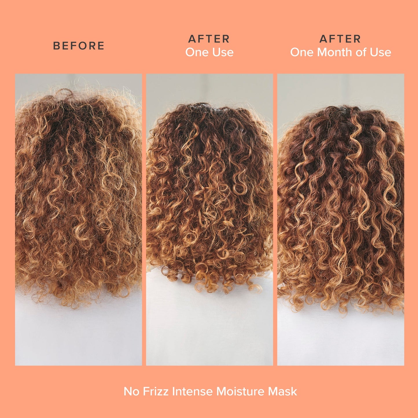 Living Proof No Frizz Intense Moisture Mask before and after use (one use and one month of use)