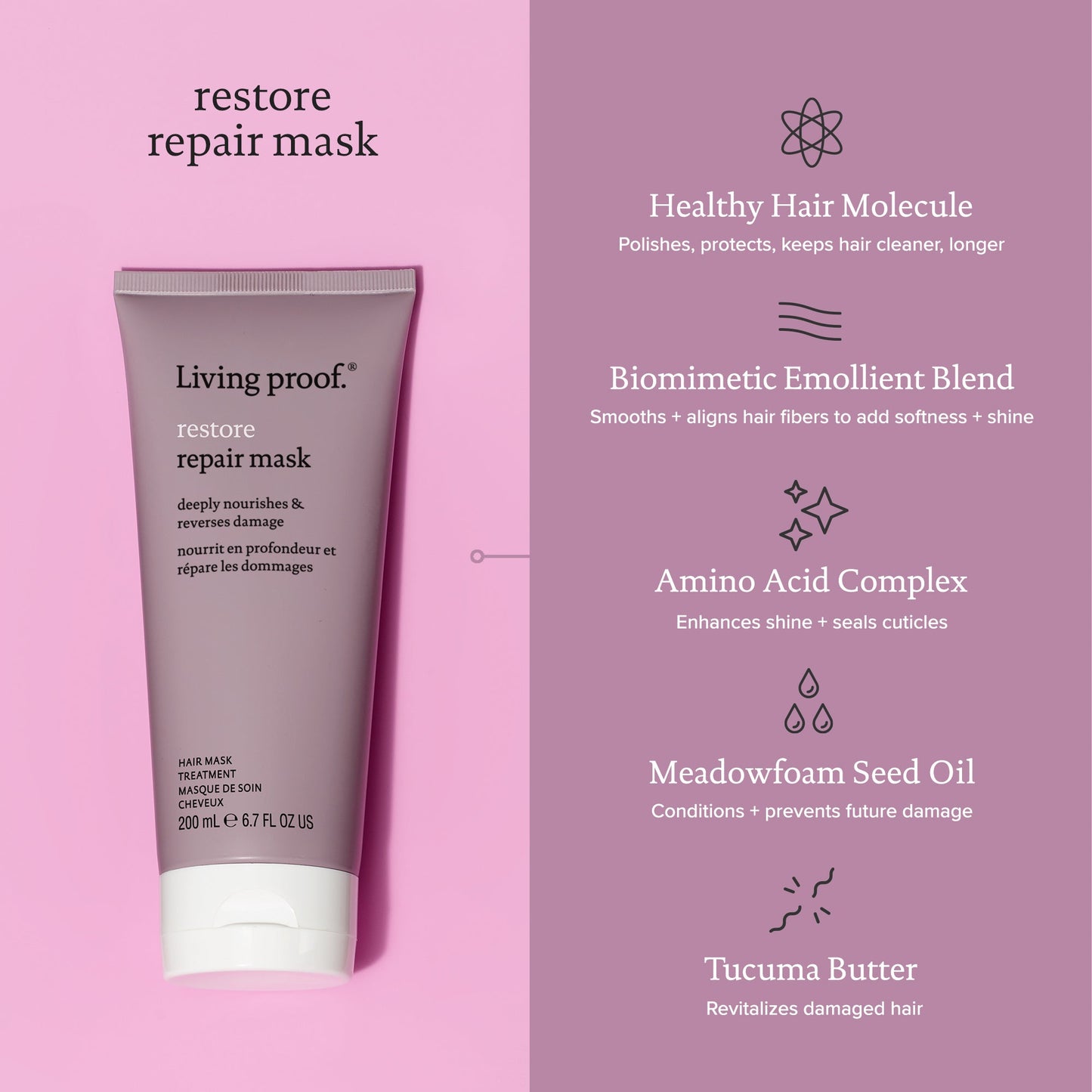 Living Proof Restore Repair Mask healthy hair molecule, biomimetic emollient blend, amino acid complex, meadowfoam seed oil, and tucuma butter