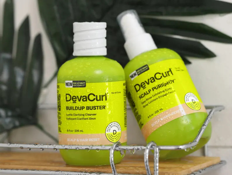 Deva Curl Scalp Puri(pH)y Exfoliating Spray paired with Deva Curl Buildup Buster Clarifying Cleanser