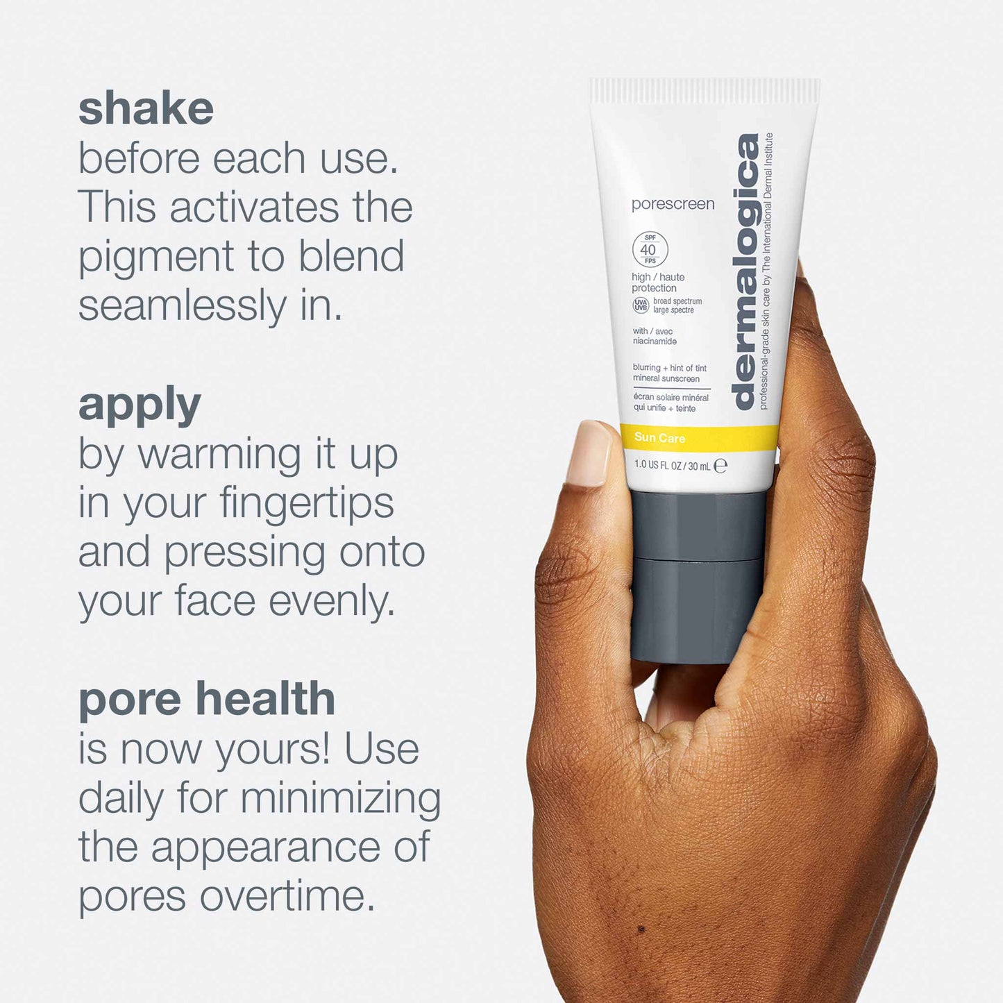 Dermalogica Porescreen Mineral Sunscreen SPF40 should be shook before each use.