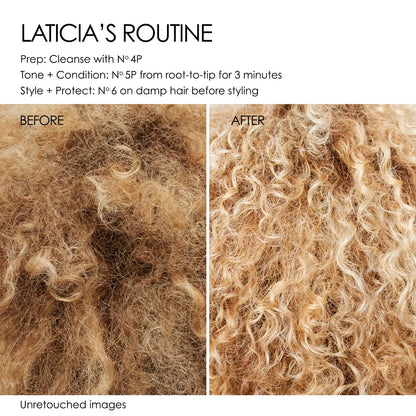 Laticia's Routine: Cleanse with No. 4P, then No. 5P for 3 minutes, then applied No.6 on clean, damp hair as a leave-in before styling. Unretouched images show a more toned color