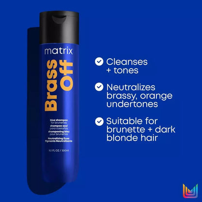 Matrix Total Results Brass Off Shampoo cleanses and tones while neutralizing brassy, orange undertones. Suitable for brunette + dark blonde hair