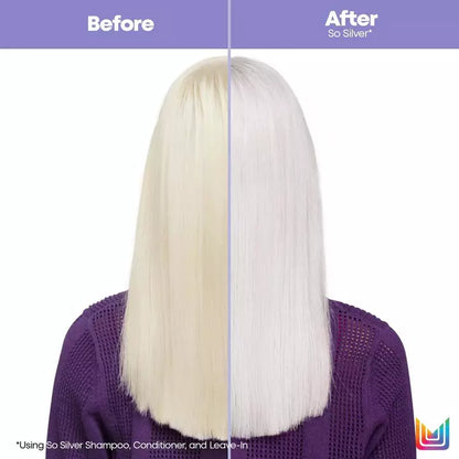 Matrix Total Results So Silver Triple Power Hair Mask before and after use reveals neutralized brassy undertones
