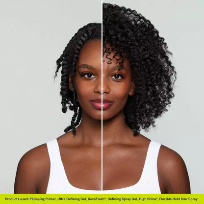 Deva Curl Defining Spray Gel Strong Hold No-Crunch Styler on Deva Curl model to showcase before and after results