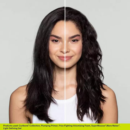 Deva Curl Frizz-Fighting Volumizing Foam Lightweight Body Booster before and after results on model 1