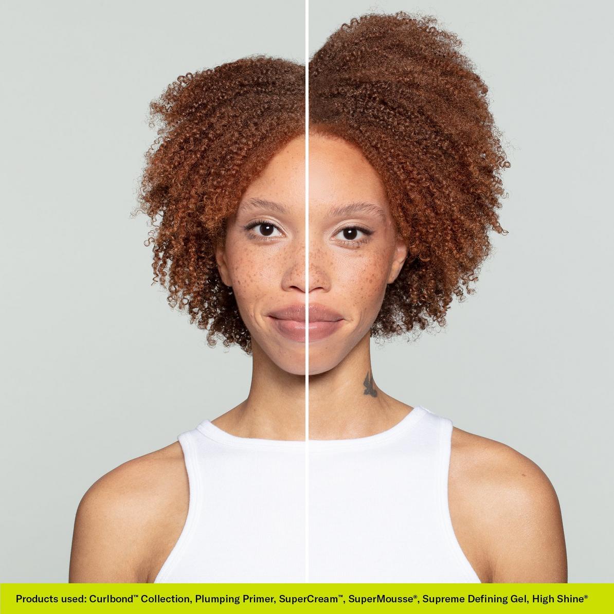 Deva Curl Curlbond Re-Coiling Cream Conditioner on Deva Curl model to showcase before and after use results