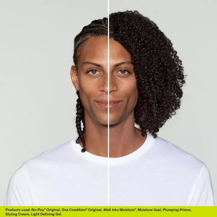 Model before and after use of Deva Curl No-Poo Original - Zero Lather Cleanser for Rich Moisture 