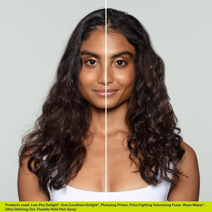 Deva Curl One Condition Delight Lightweight Cream Conditioner on Deva Curl model to showcase before and after use results