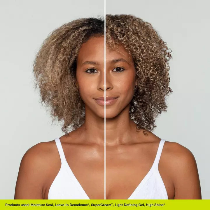 Deva Curl Leave-In Decadence Moisturizing Leave-In Conditioner used on Deva Curl model to showcase before and after use results