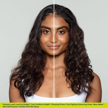 Deva Curl Wave Maker Lightweight Moisturizing Definer before and after use on model 1