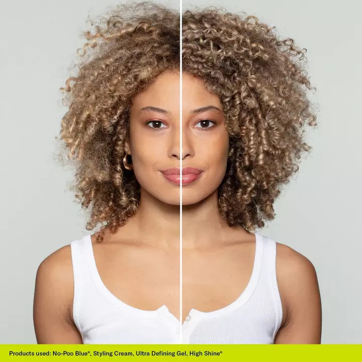 Model before and after use of Deva Curl Styling Cream - Touchable Moisturizing Definer