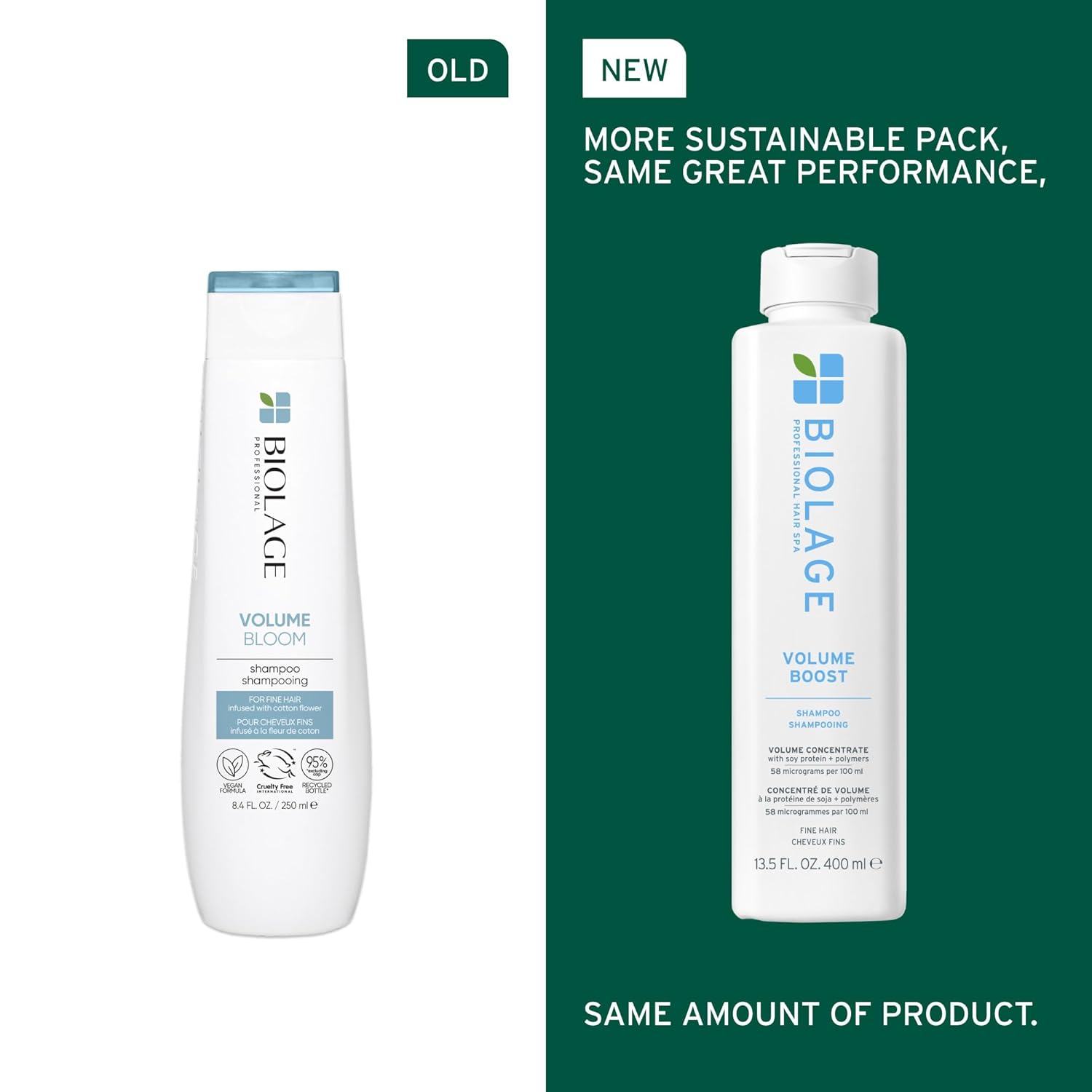 Old vs new packaging of Biolage Volume Boost Shampoo 