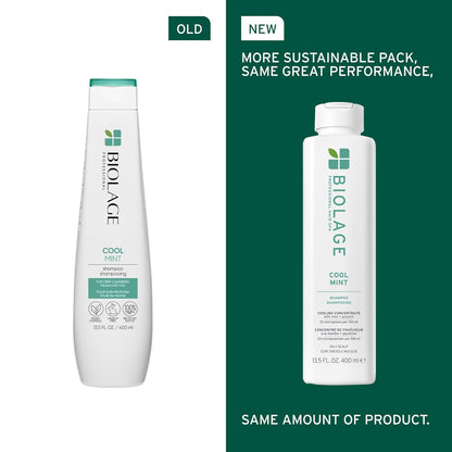 Old vs new packaging of Biolage Cool Mint Balancing Shampoo
