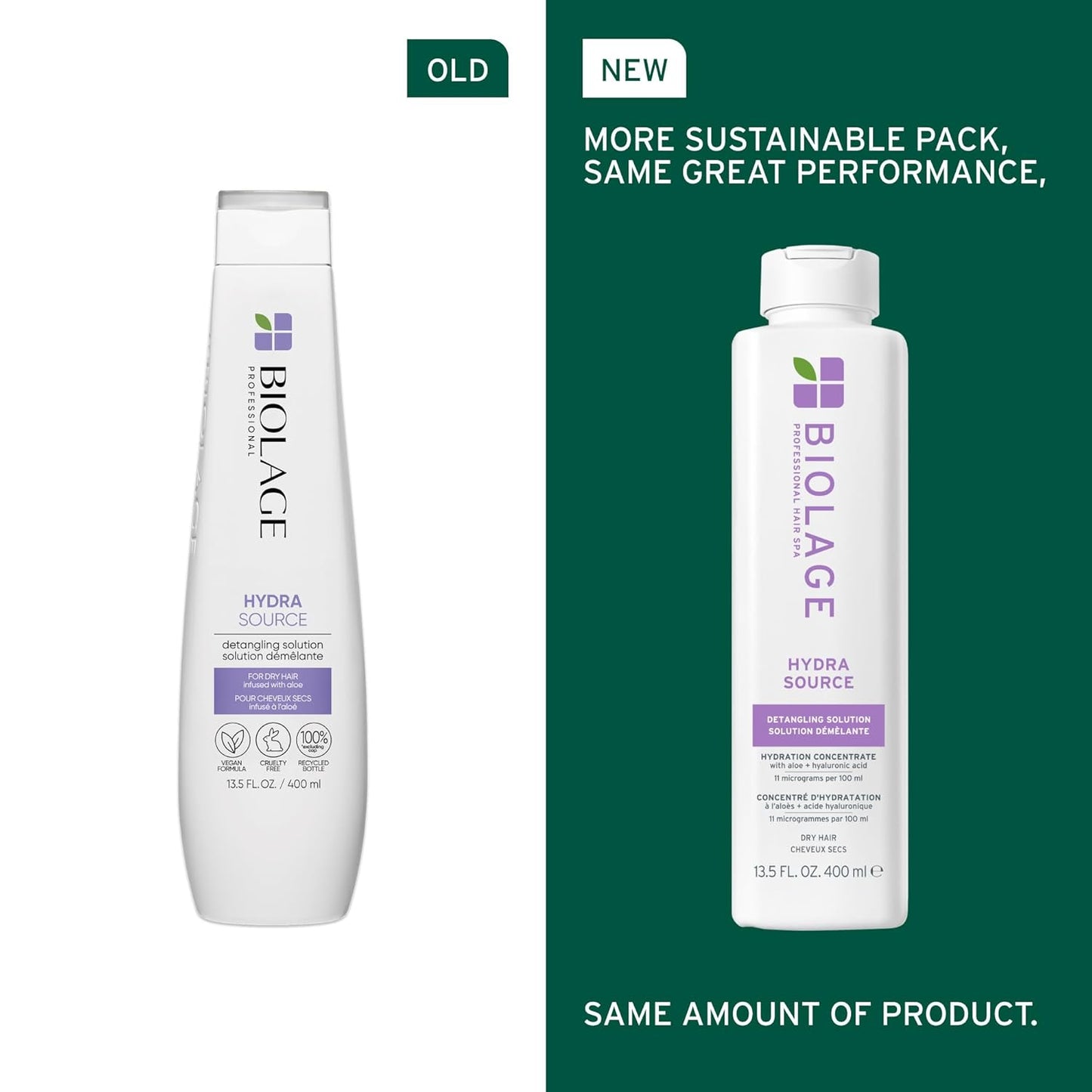 Old vs New Packaging for Biolage Hydra Source Detangling Solution