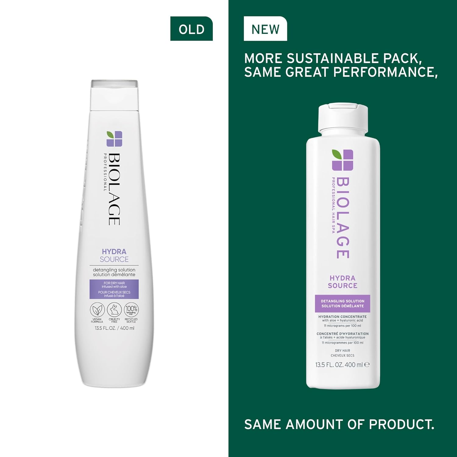 Old vs New Packaging for Biolage Hydra Source Detangling Solution