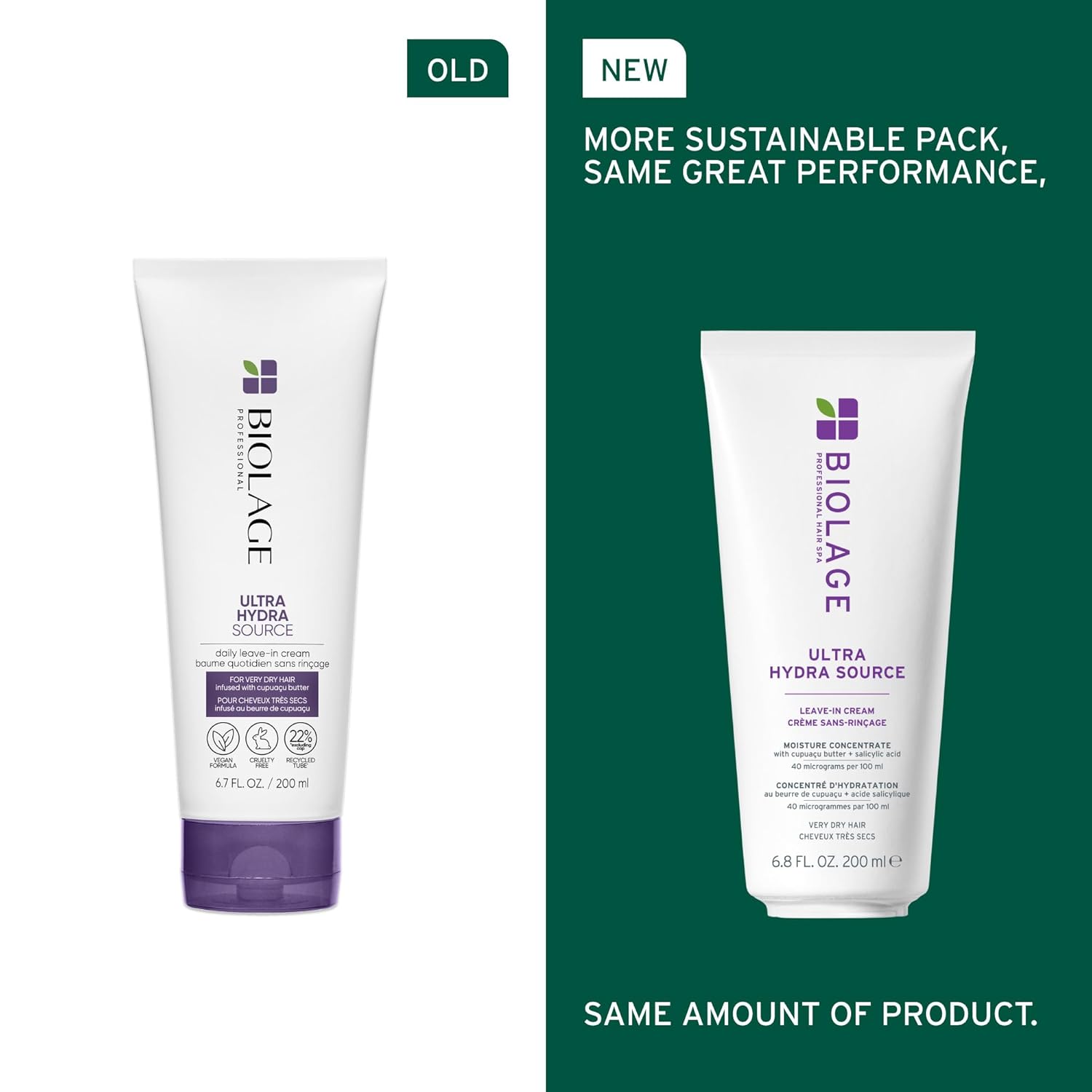 Old vs New packaging Biolage Ultra Hydra Source Leave-In Cream