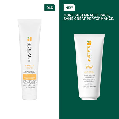 Old vs new packaging of Biolage Smooth Proof Leave-In Cream for Frizzy Hair 