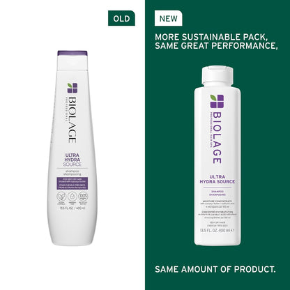 Old vs new packaging of Biolage Ultra Hydra Source Shampoo