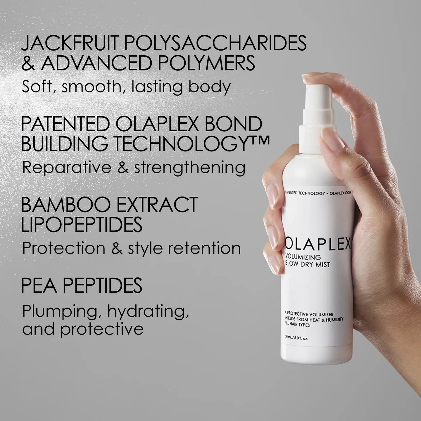 Olaplex Volumizing Blow Dry Mist uses olaplex's bond building technology in addition to advanced polymers, bamboo extract lipopeptides, and pea peptides