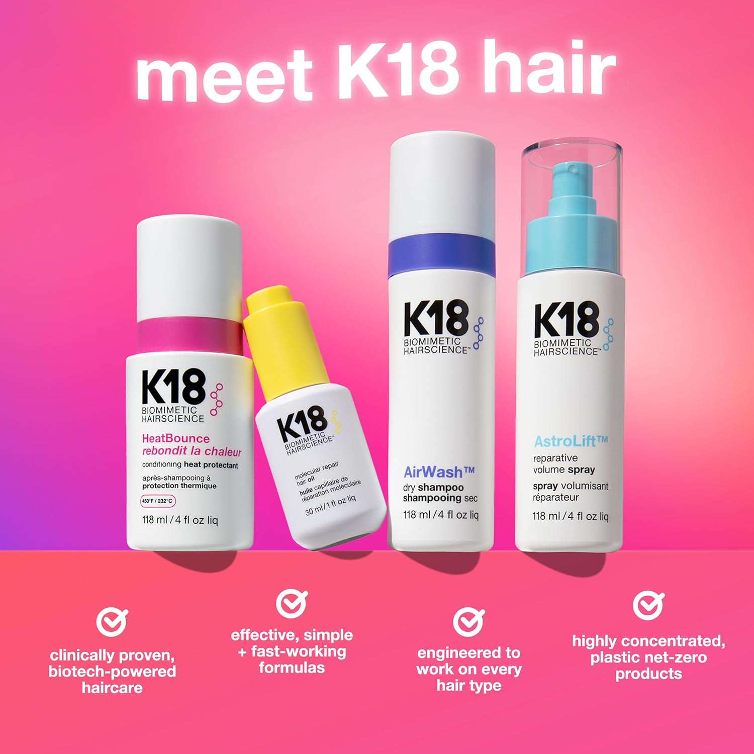 K18 hair care products on a pink gradient background