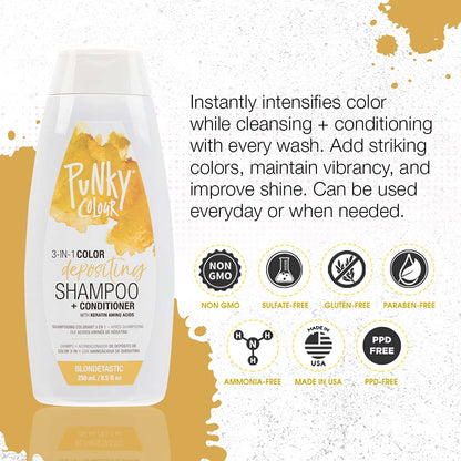 Punky Color Blondetastic 3 in 1 color depositing shampoo and conditioner benefits: Instantly intensifies color while cleansing and conditioning.  Add striking colors, maintain vibrancy, and improve shine. Non GMO, Free of sulfates, gluten, parabens, ammonia, and PPD. Made in USA 