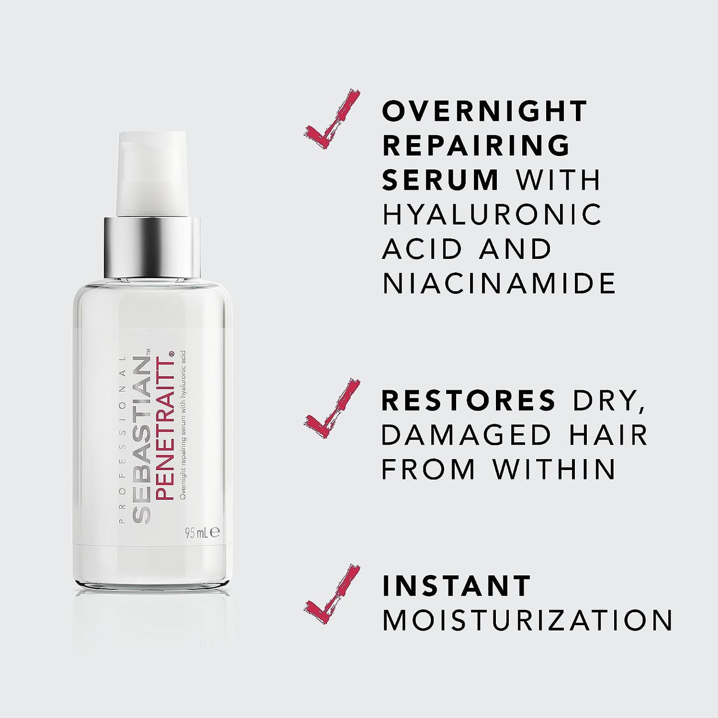 Sebastian Penetraitt Overnight Repair Repair Serum with hyaluronic acid and niacinamide. Restores dry damaged hair from within. Instant moisturization
