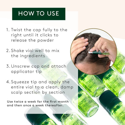 How to Use: #1. Twist the cap fully to the right until it clicks to release the powder. 2. Shake vial well to mix the ingredients. #3. Unscrew cap and attach applicator tip. #4. Squeeze tip and apply the entire vial to a clean, damp, scalp section by section. #4. Use twice a week for the first month and then once a week thereafter.