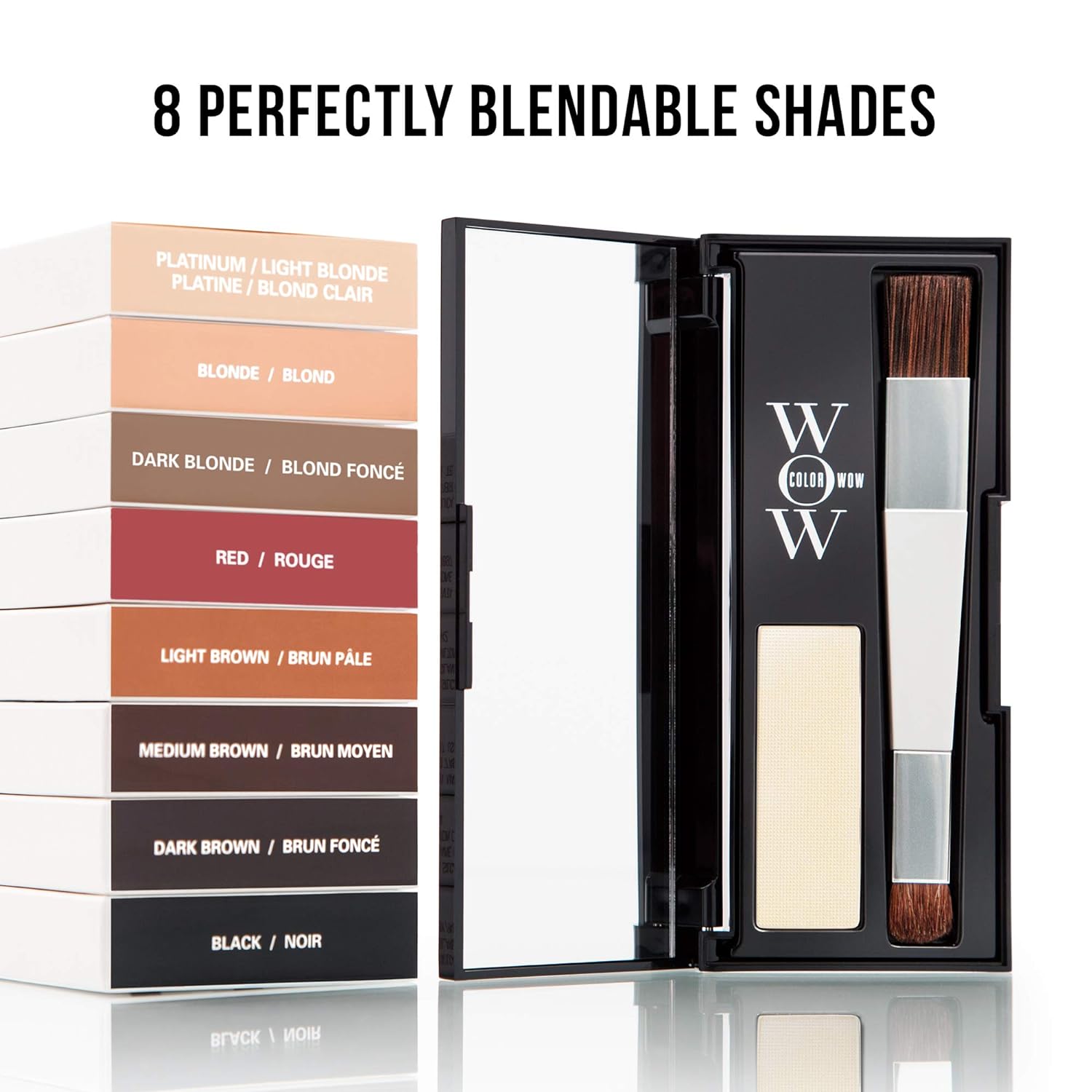 Color Wow root touch up, 8 shades available including platinum, blonde, dark blonde, red, light brown, medium brown, dark brown, and black.