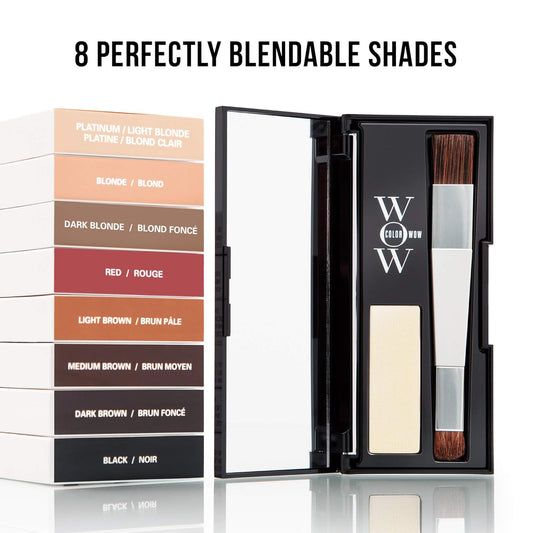 Color Wow root touch up, 8 shades available including platinum, blonde, dark blonde, red, light brown, medium brown, dark brown, and black.