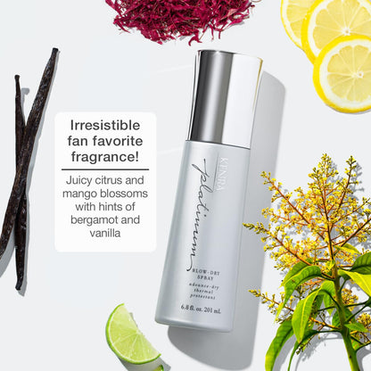 Kenra Platinum Blow-Dry Spray has a fragrance of juicy citurs and mango blossoms with hints of bergamot and vanilla
