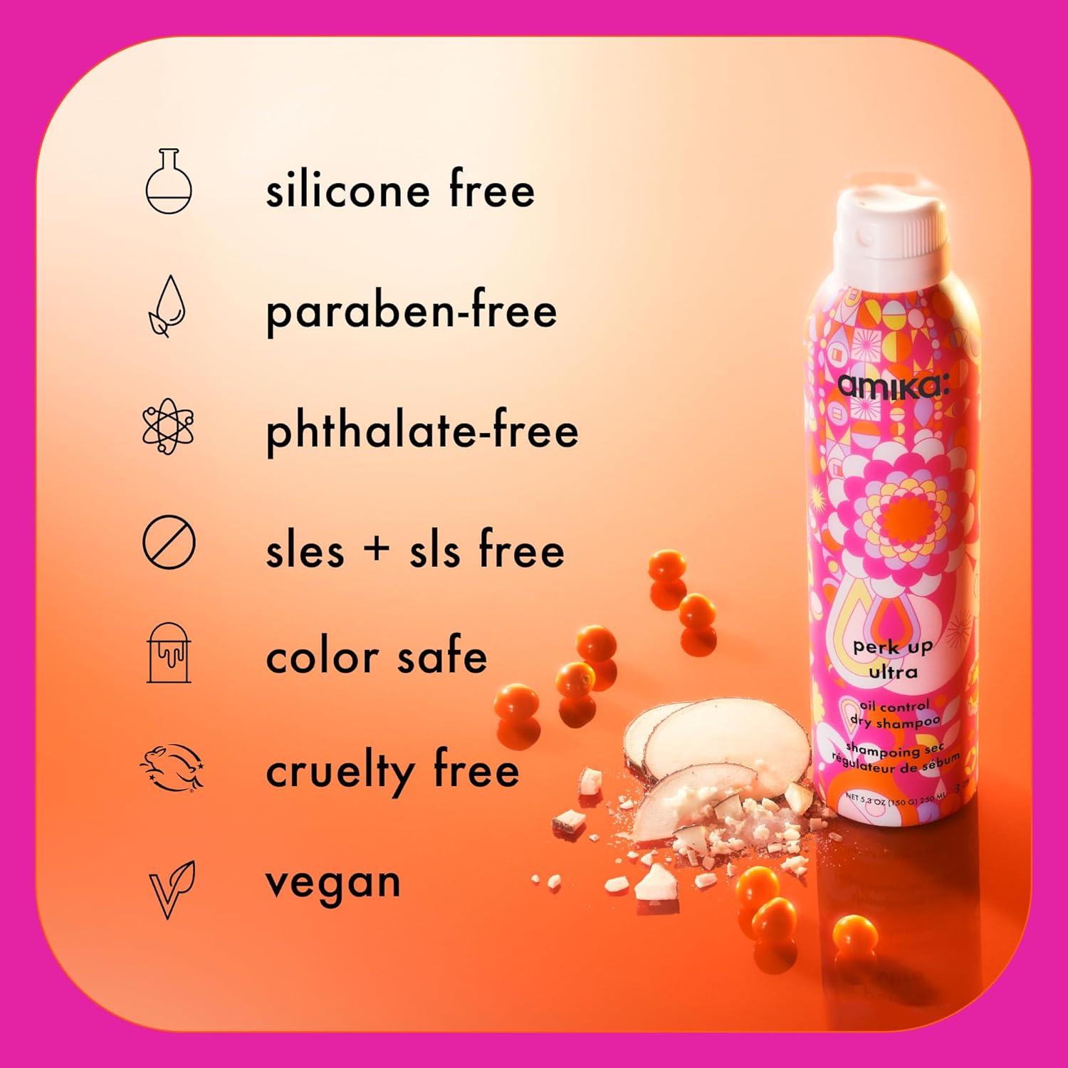 Amika Perk Up Ultra oil control dry shampoo. Silicone free, paraben free, phthalate free, sles + sls free, color safe, cruelty free, and vegan.