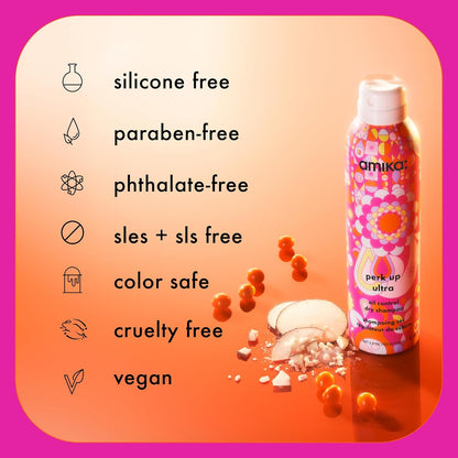 Amika Perk Up Ultra oil control dry shampoo. Silicone free, paraben free, phthalate free, sles + sls free, color safe, cruelty free, and vegan.