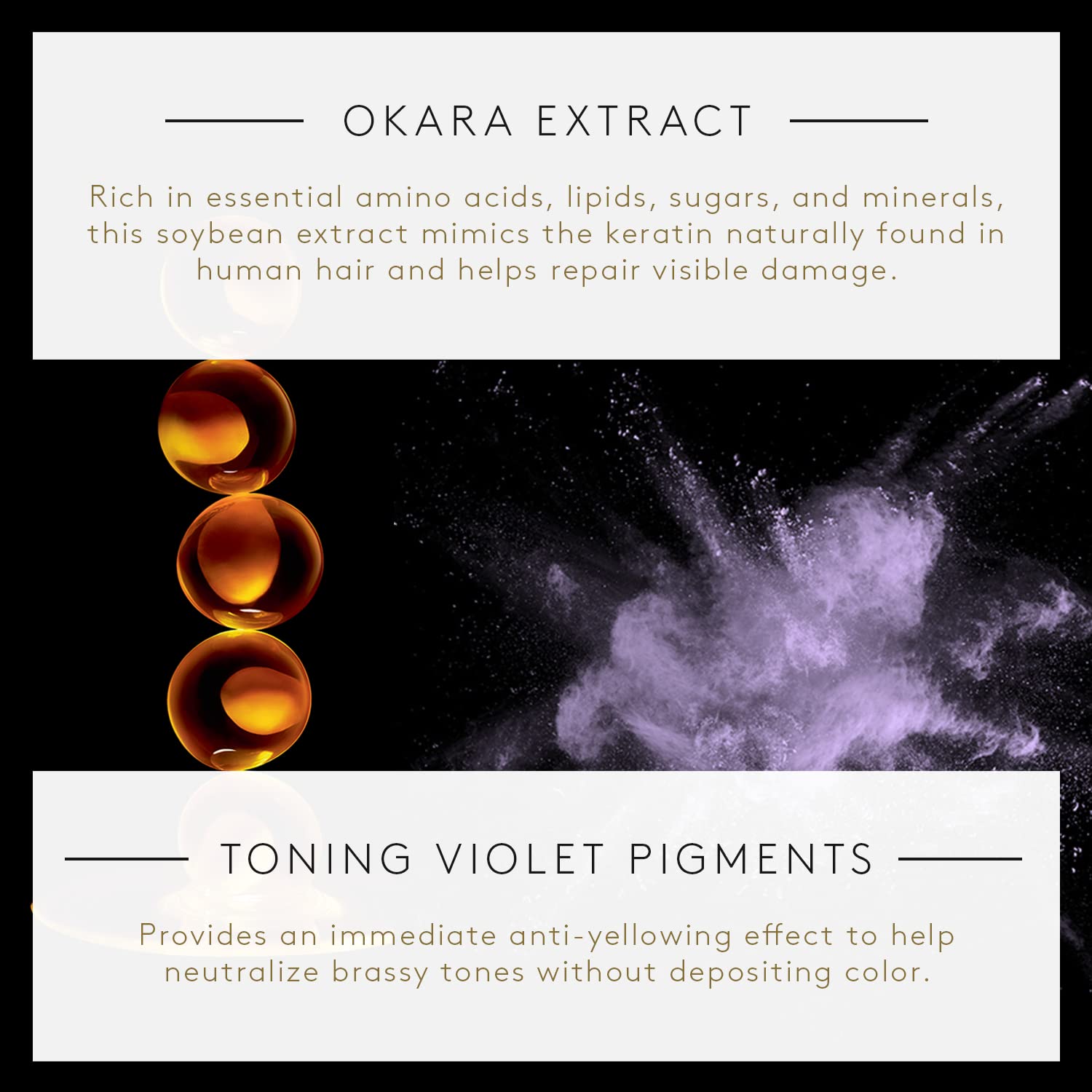 Rene Furterer Okara Silver Toning Shampoo utilizes okara extract and violet pigments