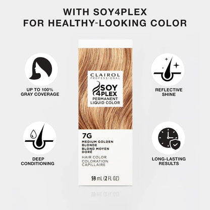 Clairol Soy4Plex hair color packaging with features listed on a white background: reflective shine, up to 100% gray coverage, Long Lasting results, deep conditioning