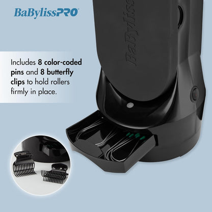 BaBylissPRO Compact Standing Hot Rollers includes tray for 8 color coded pins and 8 butterfly clips