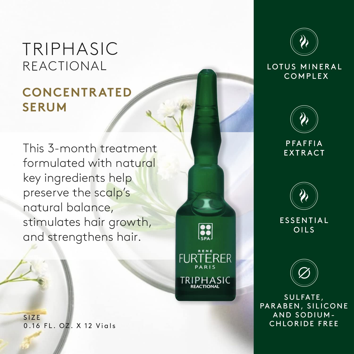 Rene Furterer Triphasic Reactional Concentrated Serum is a 3-month treatment formulated with natural key ingredients to help preserve the scalp's natural balance, stimulate hair growth, and strengthen hair.
