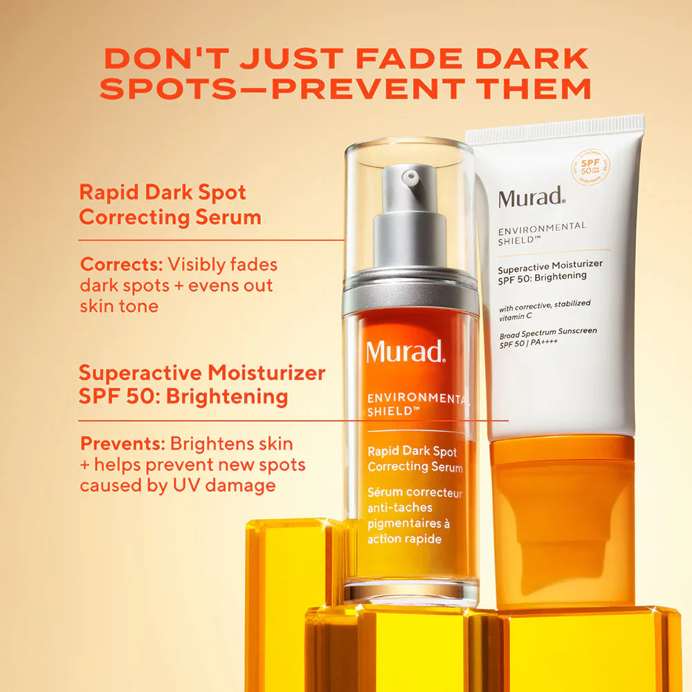 Murad Superactive Moisturizer SPF50 Brightening. Don't just fade dark spots, prevent them with Rapid Dark Spot Correcting Serum and Superactive Moisturizer SPF 50 Brightening